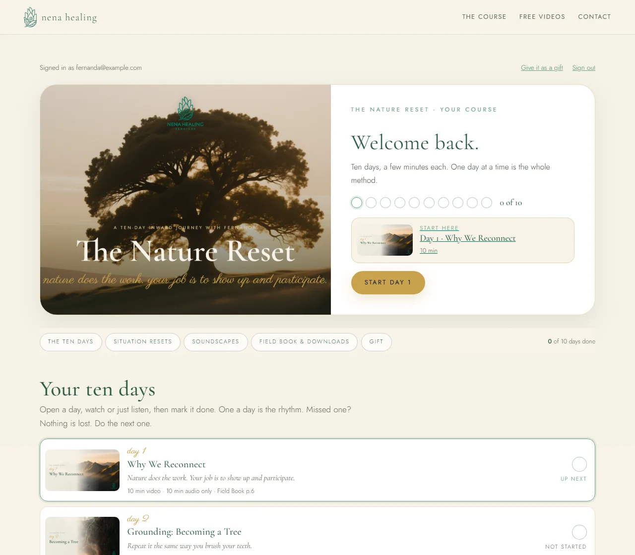 The course home page: a welcome, your progress out of ten, and the ten days listed with their thumbnails