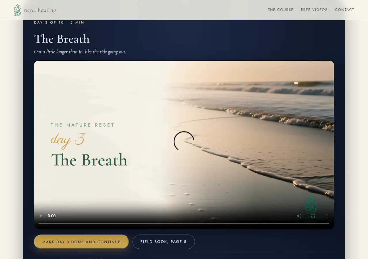 A day page: Day 3, The Breath, with the video player and a button to mark the day done